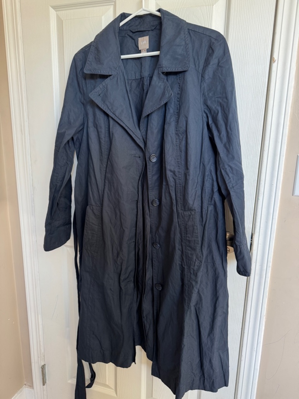 J Jill Navy Blue Button Trench Jacket Belted Womens Medium
